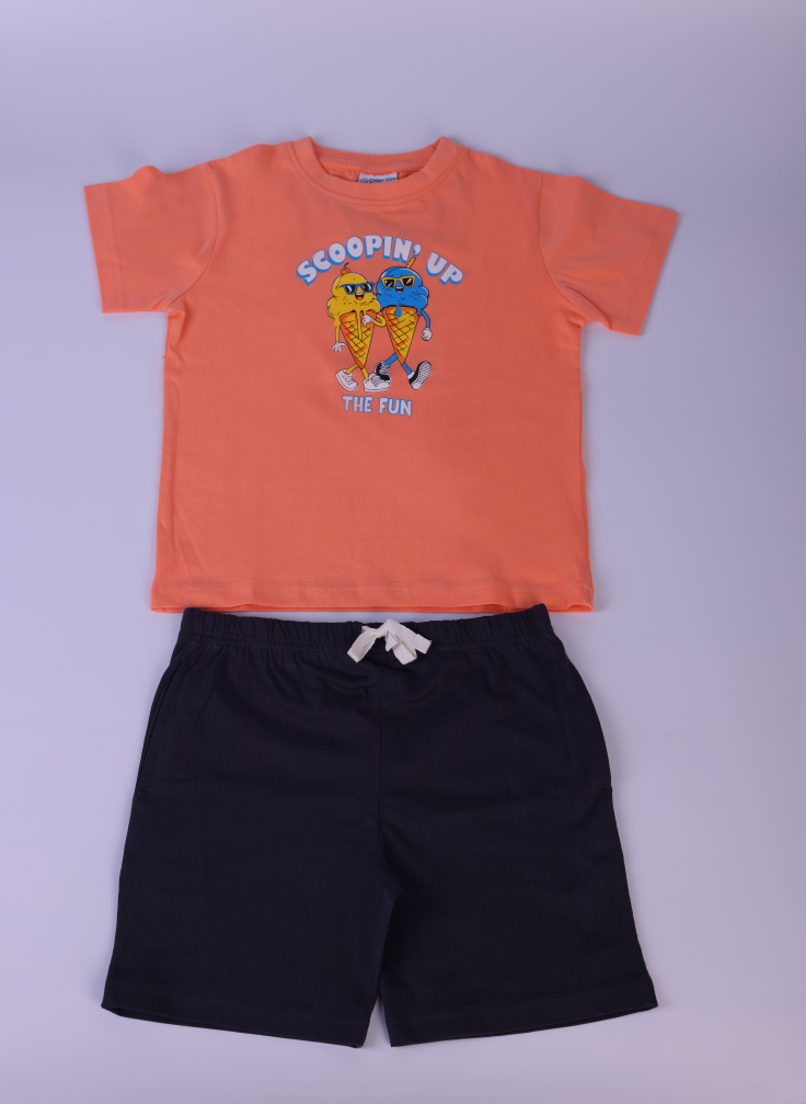 Boys Printed T Shirt &Shorts Set – Top – Orange bottom grey colour
